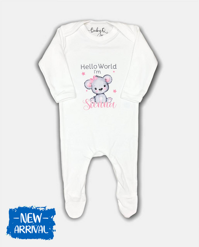 Pink Hello World Sleepsuit - Teddy Bear Print